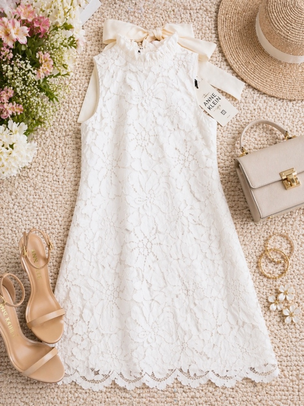 Anne Klein White Petite Lace Bow Back Mini Dress Size 2P NWT Romantic Summer